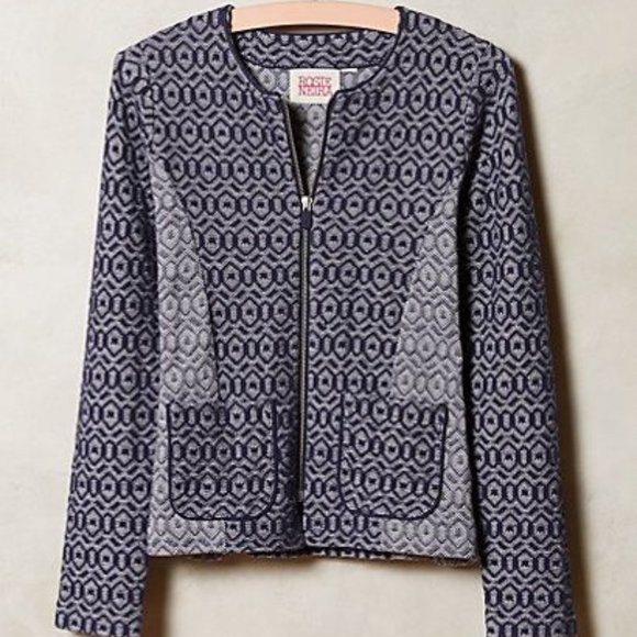ANTHROPOLOGIE Geo Diamond Jacket Knit Grey Navy Blue Collarless Zip Front NEW - Picture 1 of 6
